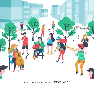 colorful doodle music band performing in the park  with cello, guitar, saxophone, and trumpet , city background, illustration, vector