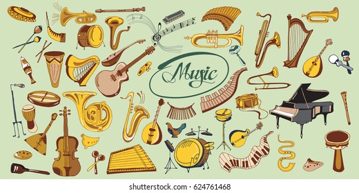 Colorful doodle music elements set with percussion keyboard wind string instruments microphone notes treble clef isolated vector illustration