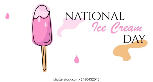 Colorful Doodle National Ice Cream Day with text inscription - popsicle on beige stick in violet and pink colors. Vector illustration template for cards, business, banners, textile, poster, wallpaper