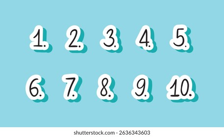 Colorful doodle number stickers checklist numbering. Cute list hand written numbers with dots. numbers font set isolated on white background. Vector illustration
