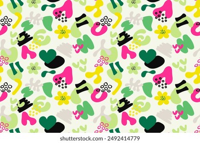 Colorful doodle and organic shapes seamless pattern. Fun scribble various geometric shapes pattern. Childish scribble shape pattern 