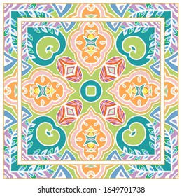 Colorful doodle ornament with floral, geometric elements. Seamless pattern and ornate frame border. Bandana shawl, tablecloth fabric print, silk neck scarf, kerchief design. Vector artistic decoration