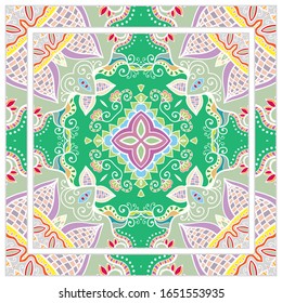 Colorful doodle ornament with floral, geometric elements. Seamless pattern and ornate frame border. Bandana shawl, tablecloth fabric print, silk neck scarf, kerchief design. Vector artistic decoration