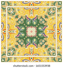 Colorful doodle ornament with floral, geometric elements. Seamless pattern and ornate frame border. Bandana shawl, tablecloth fabric print, silk neck scarf, kerchief design. Vector artistic decoration