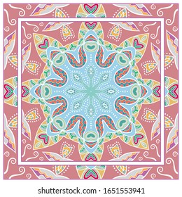 Colorful doodle ornament with floral, geometric elements. Seamless pattern and ornate frame border. Bandana shawl, tablecloth fabric print, silk neck scarf, kerchief design. Vector artistic decoration