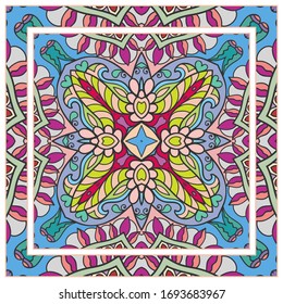 Colorful doodle ornament with floral, geometric elements. Seamless pattern and ornate frame border. Bandana shawl, tablecloth fabric print, silk neck scarf, kerchief design. Vector artistic decoration