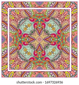 Colorful doodle ornament with floral, geometric elements. Seamless pattern and ornate frame border. Bandana shawl, tablecloth fabric print, silk neck scarf, kerchief design. Vector artistic decoration