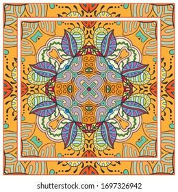 Colorful doodle ornament with floral, geometric elements. Seamless pattern and ornate frame border. Bandana shawl, tablecloth fabric print, silk neck scarf, kerchief design. Vector artistic decoration