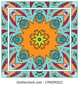 Colorful doodle ornament with floral, geometric elements. Seamless pattern and ornate frame border. Bandana shawl, tablecloth fabric print, silk neck scarf, kerchief design. Vector artistic decoration