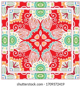 Colorful doodle ornament with floral, geometric elements. Seamless pattern and ornate frame border. Bandana shawl, tablecloth fabric print, silk neck scarf, kerchief design. Vector artistic decoration