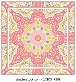 Colorful doodle ornament with floral, geometric elements. Seamless pattern and ornate frame border. Bandana shawl, tablecloth fabric print, silk neck scarf, kerchief design. Vector artistic decoration