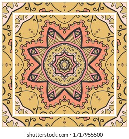 Colorful doodle ornament with floral, geometric elements. Seamless pattern and ornate frame border. Bandana shawl, tablecloth fabric print, silk neck scarf, kerchief design. Vector artistic decoration