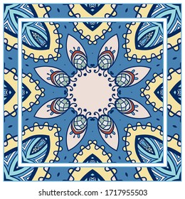 Colorful doodle ornament with floral, geometric elements. Seamless pattern and ornate frame border. Bandana shawl, tablecloth fabric print, silk neck scarf, kerchief design. Vector artistic decoration
