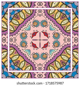 Colorful doodle ornament with floral, geometric elements. Seamless pattern and ornate frame border. Bandana shawl, tablecloth fabric print, silk neck scarf, kerchief design. Vector artistic decoration