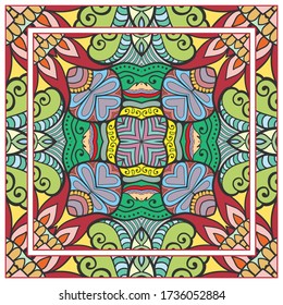 Colorful doodle ornament with floral, geometric elements. Seamless pattern and ornate frame border. Bandana shawl, tablecloth fabric print, silk neck scarf, kerchief design. Vector artistic decoration