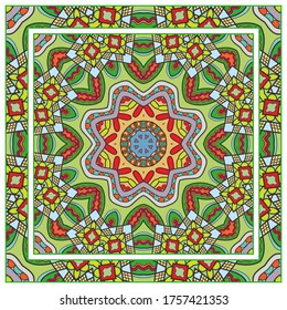 Colorful doodle ornament with floral, geometric elements. Seamless pattern and ornate frame border. Bandana shawl, tablecloth fabric print, silk neck scarf, kerchief design. Vector artistic decoration