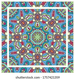 Colorful doodle ornament with floral, geometric elements. Seamless pattern and ornate frame border. Bandana shawl, tablecloth fabric print, silk neck scarf, kerchief design. Vector artistic decoration