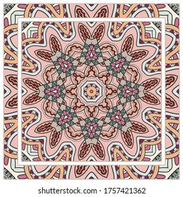 Colorful doodle ornament with floral, geometric elements. Seamless pattern and ornate frame border. Bandana shawl, tablecloth fabric print, silk neck scarf, kerchief design. Vector artistic decoration