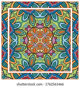 Colorful doodle ornament with floral, geometric elements. Seamless pattern and ornate frame border. Bandana shawl, tablecloth fabric print, silk neck scarf, kerchief design. Vector artistic decoration