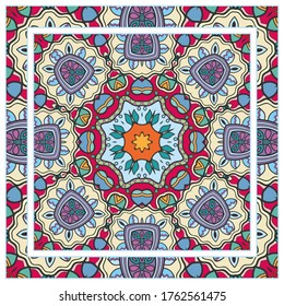 Colorful doodle ornament with floral, geometric elements. Seamless pattern and ornate frame border. Bandana shawl, tablecloth fabric print, silk neck scarf, kerchief design. Vector artistic decoration