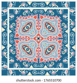 Colorful doodle ornament with floral, geometric elements. Seamless pattern and ornate frame border. Bandana shawl, tablecloth fabric print, silk neck scarf, kerchief design. Vector artistic decoration