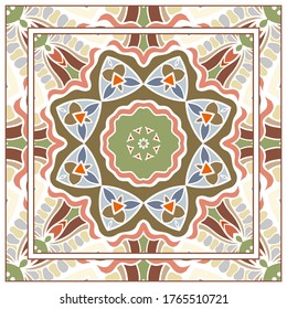 Colorful doodle ornament with floral, geometric elements. Seamless pattern and ornate frame border. Bandana shawl, tablecloth fabric print, silk neck scarf, kerchief design. Vector artistic decoration