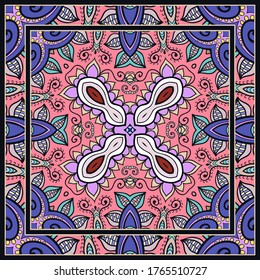 Colorful doodle ornament with floral, geometric elements. Seamless pattern and ornate frame border. Bandana shawl, tablecloth fabric print, silk neck scarf, kerchief design. Vector artistic decoration