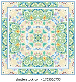 Colorful doodle ornament with floral, geometric elements. Seamless pattern and ornate frame border. Bandana shawl, tablecloth fabric print, silk neck scarf, kerchief design. Vector artistic decoration