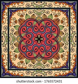 Colorful doodle ornament with floral, geometric elements. Seamless pattern and ornate frame border. Bandana shawl, tablecloth fabric print, silk neck scarf, kerchief design. Vector artistic decoration