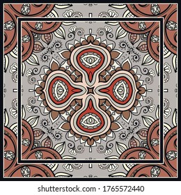 Colorful doodle ornament with floral, geometric elements. Seamless pattern and ornate frame border. Bandana shawl, tablecloth fabric print, silk neck scarf, kerchief design. Vector artistic decoration