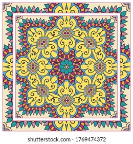 Colorful doodle ornament with floral, geometric elements. Seamless pattern and ornate frame border. Bandana shawl, tablecloth fabric print, silk neck scarf, kerchief design. Vector artistic decoration