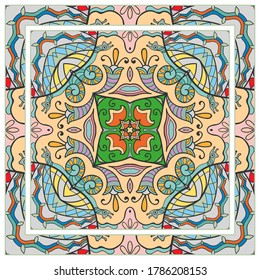 Colorful doodle ornament with floral, geometric elements. Seamless pattern and ornate frame border. Bandana shawl, tablecloth fabric print, silk neck scarf, kerchief design. Vector artistic decoration