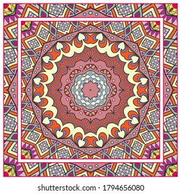 Colorful doodle ornament with floral, geometric elements. Seamless pattern and ornate frame border. Bandana shawl, tablecloth fabric print, silk neck scarf, kerchief design. Vector artistic decoration
