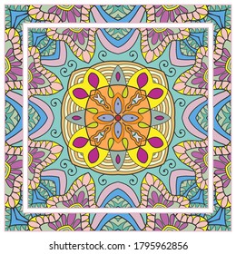 Colorful doodle ornament with floral, geometric elements. Seamless pattern and ornate frame border. Bandana shawl, tablecloth fabric print, silk neck scarf, kerchief design. Vector artistic decoration