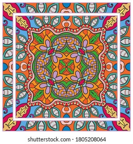 Colorful doodle ornament with floral, geometric elements. Seamless pattern and ornate frame border. Bandana shawl, tablecloth fabric print, silk neck scarf, kerchief design. Vector artistic decoration