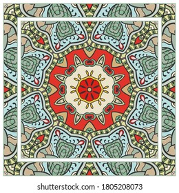 Colorful doodle ornament with floral, geometric elements. Seamless pattern and ornate frame border. Bandana shawl, tablecloth fabric print, silk neck scarf, kerchief design. Vector artistic decoration
