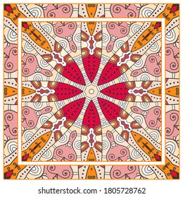 Colorful doodle ornament with floral, geometric elements. Seamless pattern and ornate frame border. Bandana shawl, tablecloth fabric print, silk neck scarf, kerchief design. Vector artistic decoration
