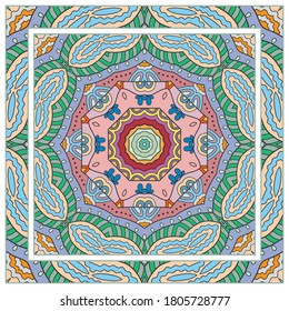 Colorful doodle ornament with floral, geometric elements. Seamless pattern and ornate frame border. Bandana shawl, tablecloth fabric print, silk neck scarf, kerchief design. Vector artistic decoration