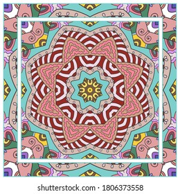 Colorful doodle ornament with floral, geometric elements. Seamless pattern and ornate frame border. Bandana shawl, tablecloth fabric print, silk neck scarf, kerchief design. Vector artistic decoration
