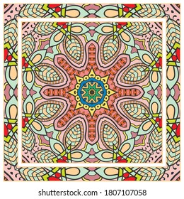 Colorful doodle ornament with floral, geometric elements. Seamless pattern and ornate frame border. Bandana shawl, tablecloth fabric print, silk neck scarf, kerchief design. Vector artistic decoration