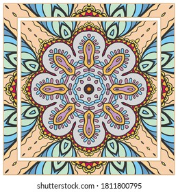 Colorful doodle ornament with floral, geometric elements. Seamless pattern and ornate frame border. Bandana shawl, tablecloth fabric print, silk neck scarf, kerchief design. Vector artistic decoration