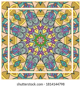 Colorful doodle ornament with floral, geometric elements. Seamless pattern and ornate frame border. Bandana shawl, tablecloth fabric print, silk neck scarf, kerchief design. Vector artistic decoration