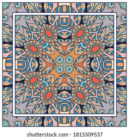 Colorful doodle ornament with floral, geometric elements. Seamless pattern and ornate frame border. Bandana shawl, tablecloth fabric print, silk neck scarf, kerchief design. Vector artistic decoration