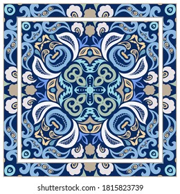 Colorful doodle ornament with floral, geometric elements. Seamless pattern and ornate frame border. Bandana shawl, tablecloth fabric print, silk neck scarf, kerchief design. Vector artistic decoration