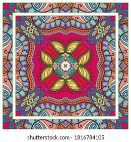 Colorful doodle ornament with floral, geometric elements. Seamless pattern and ornate frame border. Bandana shawl, tablecloth fabric print, silk neck scarf, kerchief design. Vector artistic decoration