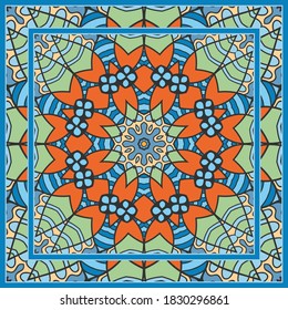 Colorful doodle ornament with floral, geometric elements. Seamless pattern and ornate frame border. Bandana shawl, tablecloth fabric print, silk neck scarf, kerchief design. Vector artistic decoration