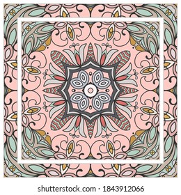 Colorful doodle ornament with floral, geometric elements. Seamless pattern and ornate frame border. Bandana shawl, tablecloth fabric print, silk neck scarf, kerchief design. Vector artistic decoration