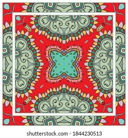 Colorful doodle ornament with floral, geometric elements. Seamless pattern and ornate frame border. Bandana shawl, tablecloth fabric print, silk neck scarf, kerchief design. Vector artistic decoration