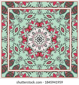 Colorful doodle ornament with floral, geometric elements. Seamless pattern and ornate frame border. Bandana shawl, tablecloth fabric print, silk neck scarf, kerchief design. Vector artistic decoration