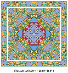 Colorful doodle ornament with floral, geometric elements. Seamless pattern and ornate frame border. Bandana shawl, tablecloth fabric print, silk neck scarf, kerchief design. Vector artistic decoration